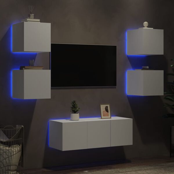 vidaXL Mobili TV a Muro con LED 6pz Bianchi in Legno Multistrato