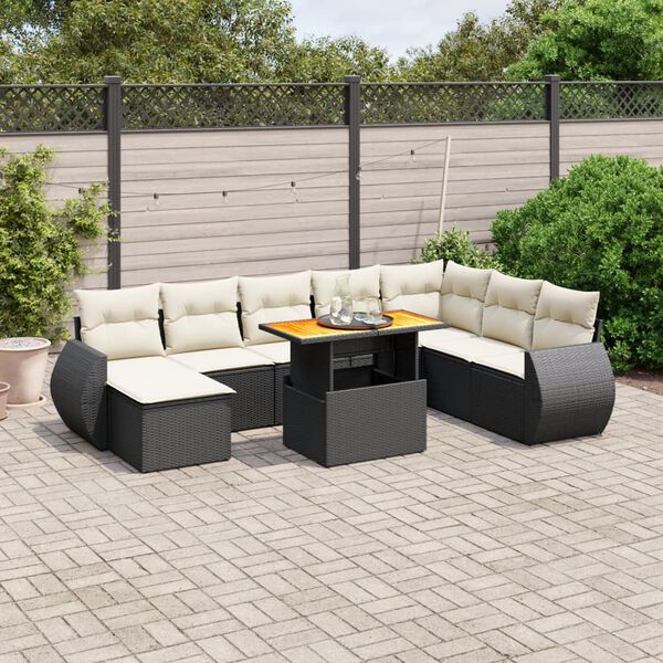 vidaXL Set Divani da Giardino 9 pz con Cuscini Nero in Polyrattan