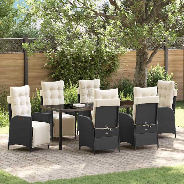 vidaXL Set da Pranzo per Giardino con cuscino 7 pcs Nero polyrattan
