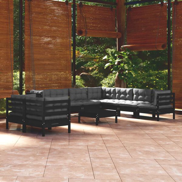 vidaXL Set Divani da Giardino 10 pz con Cuscini Neri Legno di Pino
