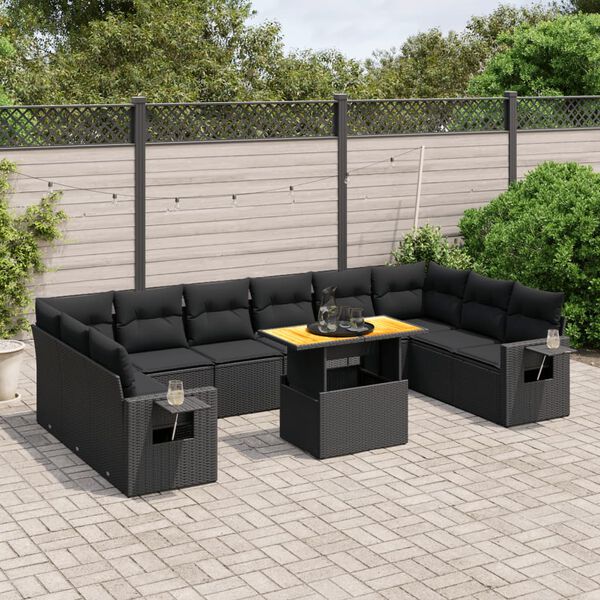 vidaXL Set Divani da Giardino 11 pz con Cuscini in Polyrattan Nero