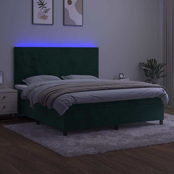vidaXL Letto a Molle con Materasso e LED Verde Scuro 160x200cm Velluto