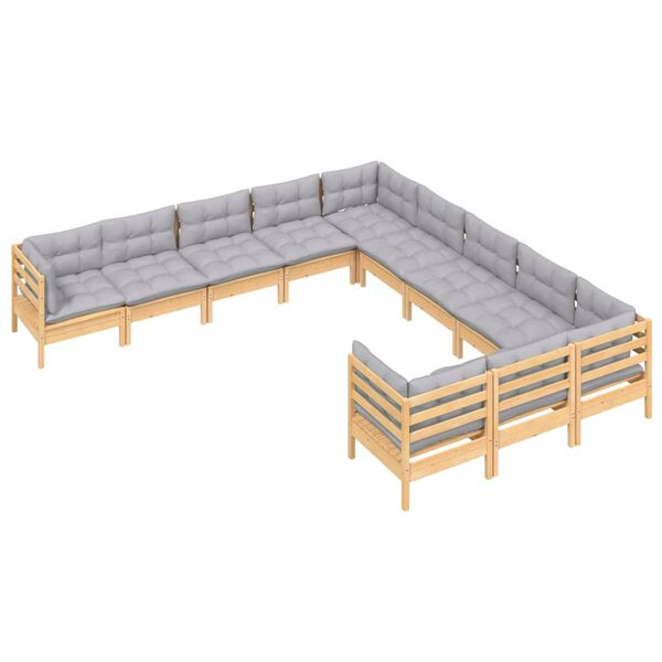 vidaXL Set Divani da Giardino 11 pz con Cuscini Grigi Massello di Pino