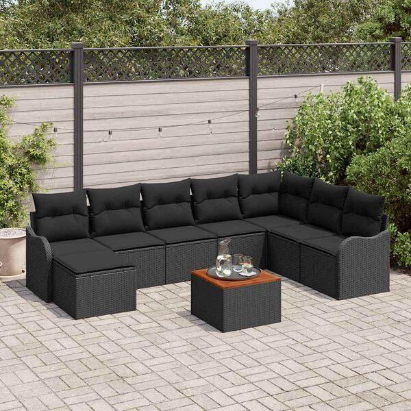 vidaXL Set Divano da Giardino con cuscino 9 pcs Nero polyrattan