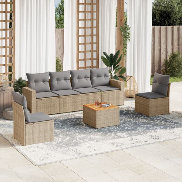 vidaXL Set Divano da Giardino 7 pz con Cuscini Beige Misto Polyrattan