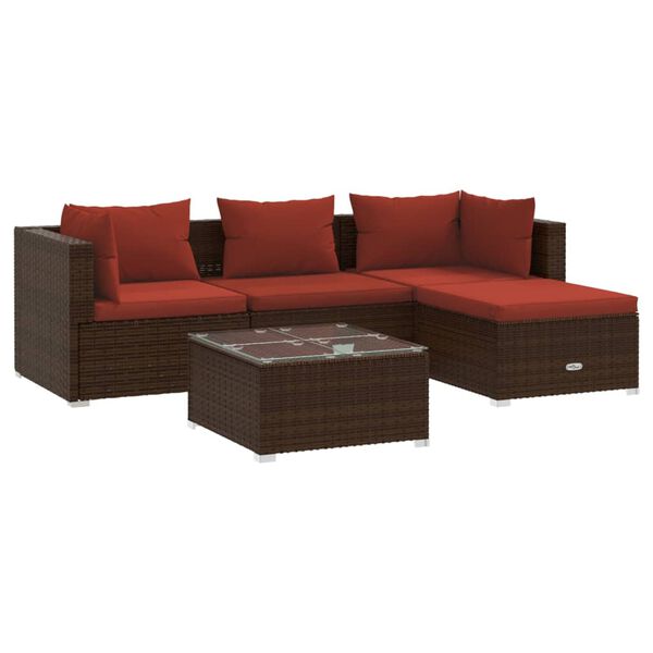 vidaXL Set Divani da Giardino 5 pz con Cuscini in Polyrattan Marrone