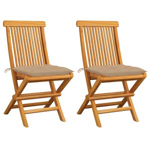 vidaXL Sedie pieghevoli con cuscini beige, 2 pezzi, in legno massello di teak.