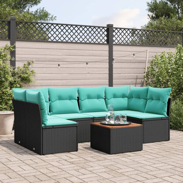 vidaXL Set Divani da Giardino 7 pz con Cuscini Nero in Polyrattan