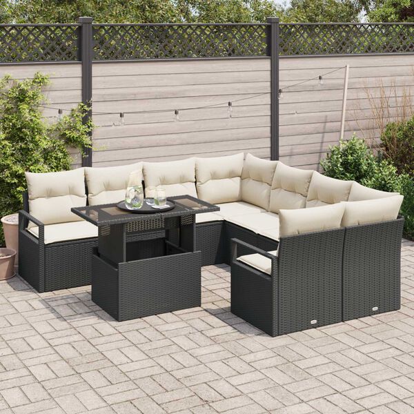 vidaXL Set Divano da Giardino con cuscino 9 pcs Nero Poly Rattan