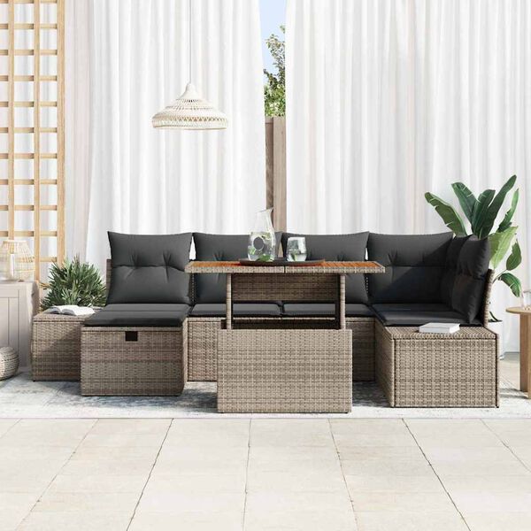 vidaXL Set Divano da Giardino con cuscino 7 pcs Grigio Poly Rattan
