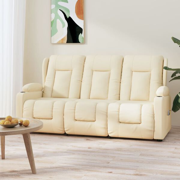vidaXL Divano Massaggiante 3 Posti con Portabicchieri Crema Similpelle