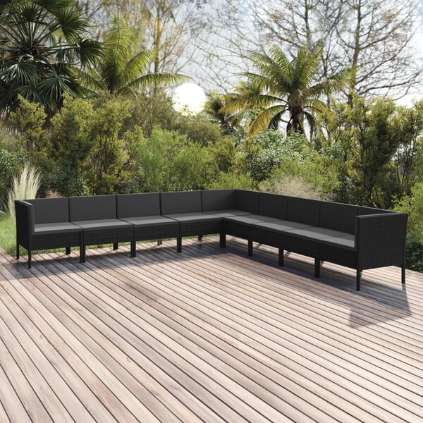 vidaXL Set Divani da Giardino 9 pz con Cuscini in Polyrattan Nero