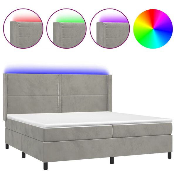 vidaXL Letto a Molle Materasso e LED Grigio Chiaro 200x200 cm Velluto