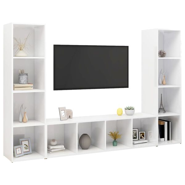 vidaXL Mobili TV 3 pz Bianco Lucido 142,5x35x36,5 cm Legno Multistrato