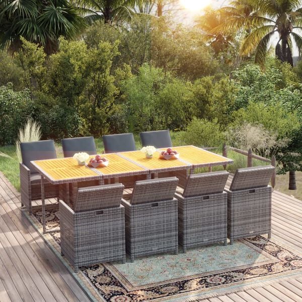 vidaXL Set Pranzo da Giardino 9 pz con Cuscini in Polyrattan Grigio