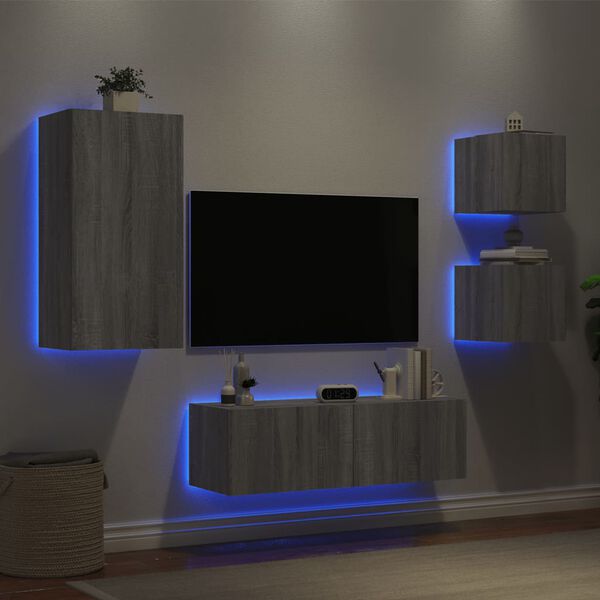 vidaXL Mobili TV a Muro 4pz con Luci LED Grigio Sonoma