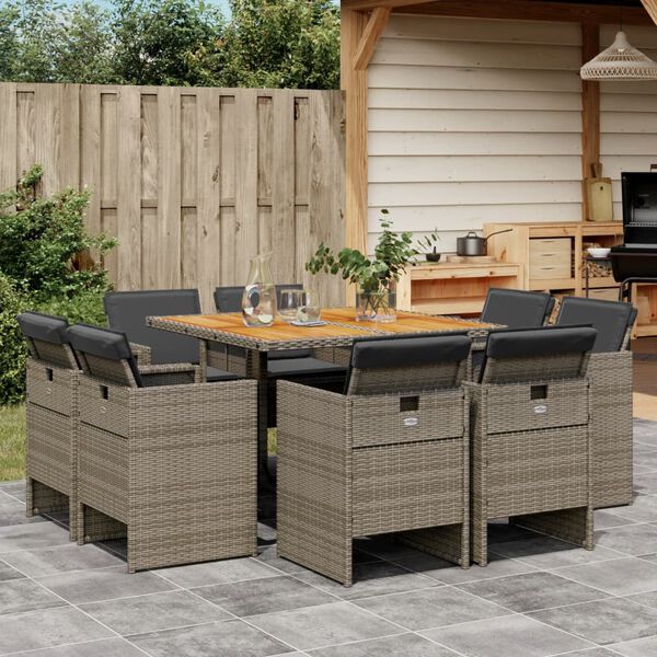 vidaXL Set da Pranzo da Giardino 9 pz con Cuscini in Polyrattan Grigio