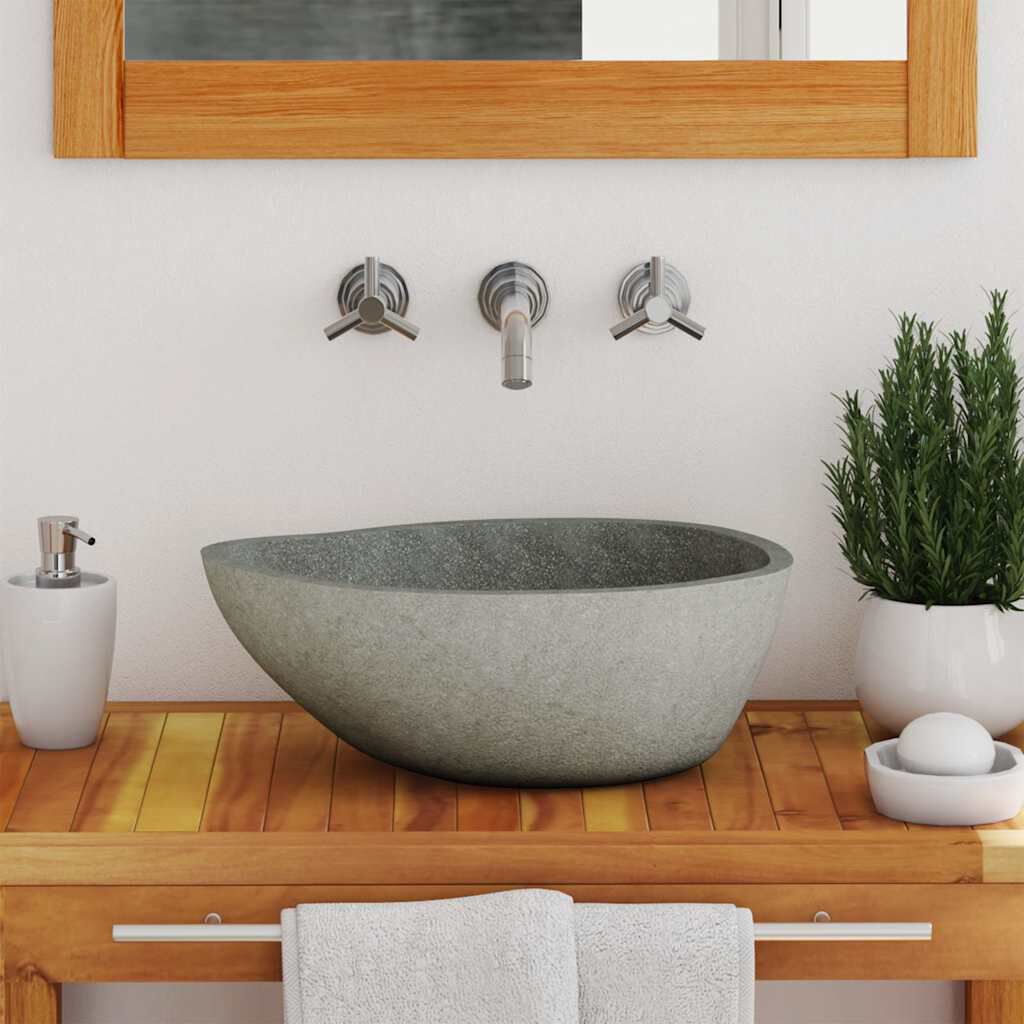 Lavandino Ovale In Pietra Di Fiume VidaXL - Dimensione Variabile (37-46cm X 29-36cm), Foro Scarico 4.5cm
