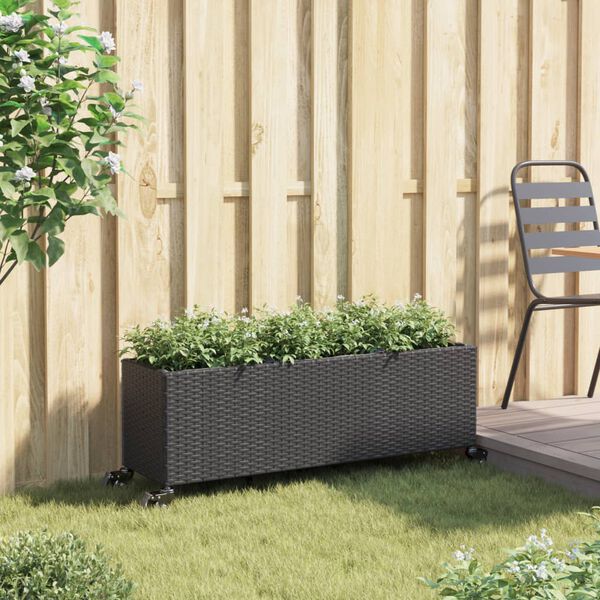 vidaXL Fioriera con Ruote e 3 Vasi Nera 107x32x38 cm in Polyrattan