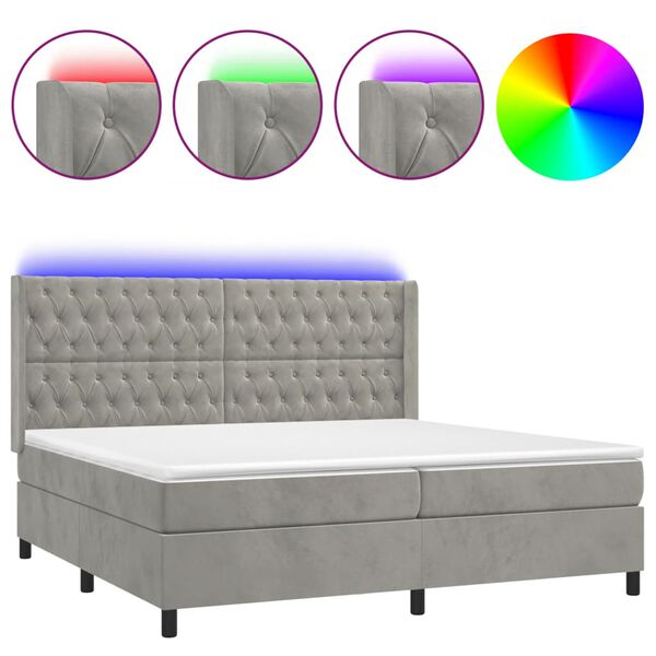 vidaXL Letto a Molle Materasso e LED Grigio Chiaro 200x200 cm Velluto