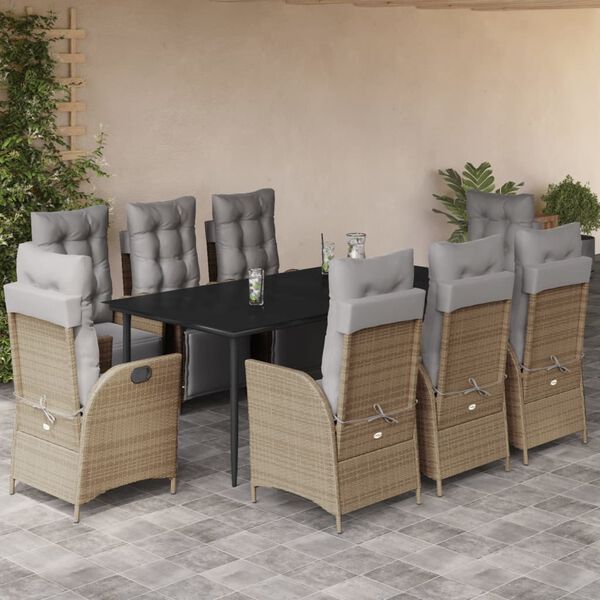 vidaXL Set Pranzo da Giardino 9 pz con Cuscini Beige Misto Polyrattan