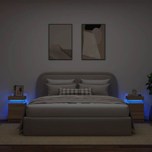 vidaXL Comodini con Luci LED 2pz Rovere Sonoma 35x39x55 cm