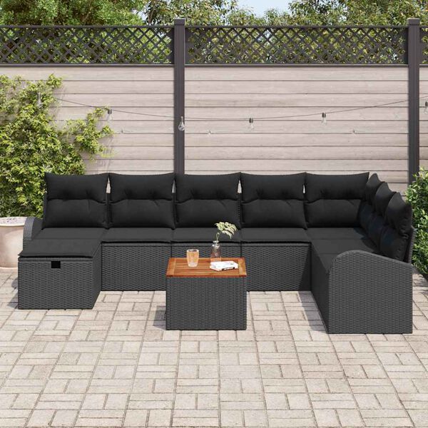 vidaXL Set Divano da Giardino con cuscino 9 pcs Nero polyrattan