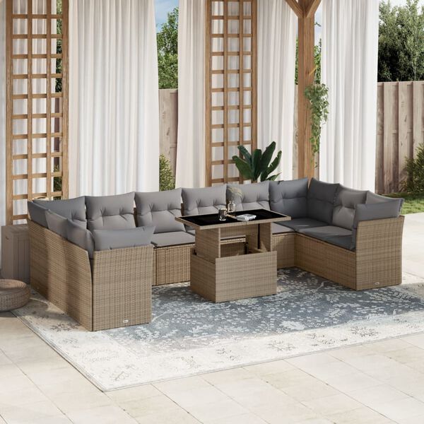 vidaXL Set Divani da Giardino 11 pz con Cuscini Beige in Polyrattan
