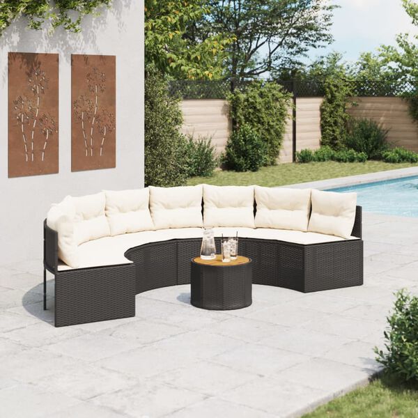 vidaXL Divano Giardino Tavolo e Cuscini Semicircolare Nero Polyrattan