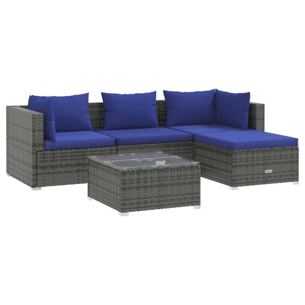 vidaXL Set Divani da Giardino 5 pz con Cuscini in Polyrattan Grigio