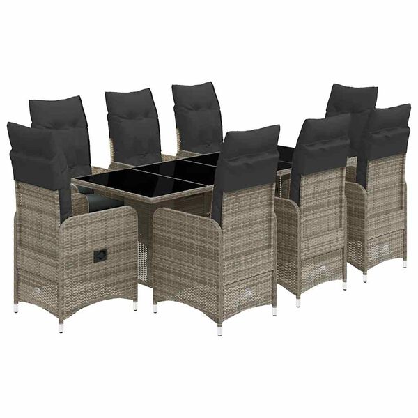 vidaXL Set Bistr&ograve; da Giardino 9 pz con Cuscini in Polyrattan Grigio
