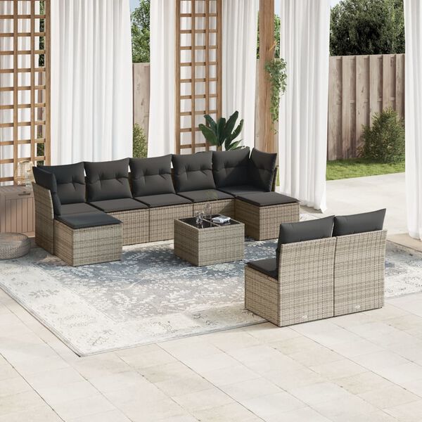 vidaXL Set Divano da Giardino 10 pz con Cuscini Grigio in Polyrattan