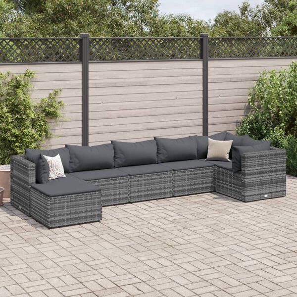 vidaXL Set Divani da Giardino 7 pz con Cuscini in Polyrattan Grigio