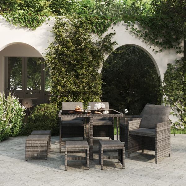 vidaXL Set Pranzo da Giardino 9 pz con Cuscini in Polyrattan Grigio