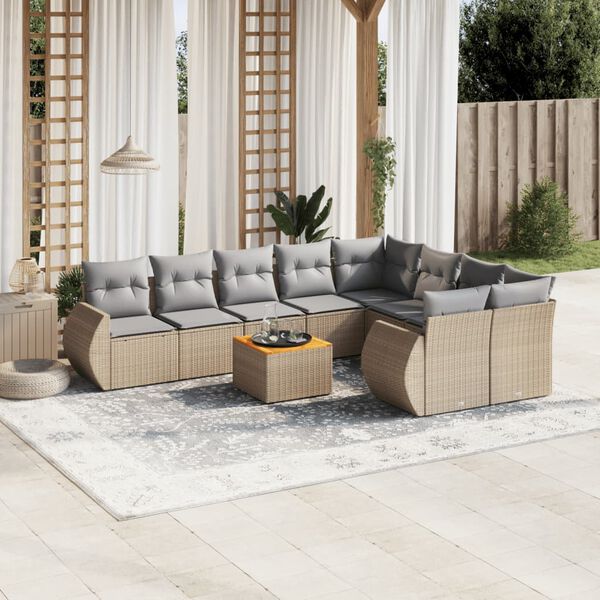 vidaXL Set Divano da Giardino 10 pz con Cuscini Beige in Polyrattan