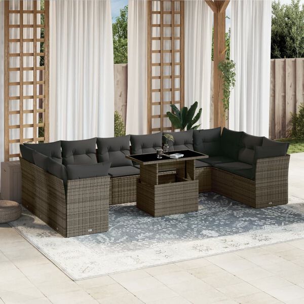 vidaXL Set Divani da Giardino 11 pz con Cuscini in Polyrattan Grigio