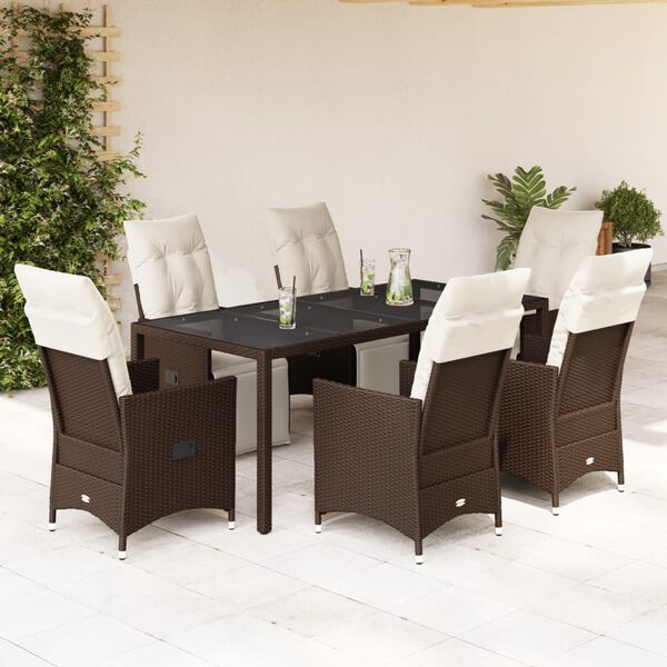 vidaXL Set Bistr&ograve; da Giardino 7 pz con Cuscini in Polyrattan Marrone