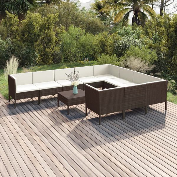 vidaXL Set Divani da Giardino 11 pz con Cuscini in Polyrattan Marrone