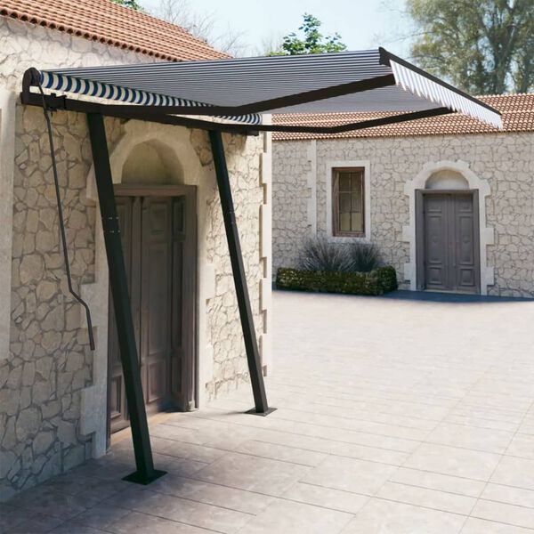 vidaXL Tenda da Sole Retrattile Manuale con Pali 3x2,5 m Blu e Bianca