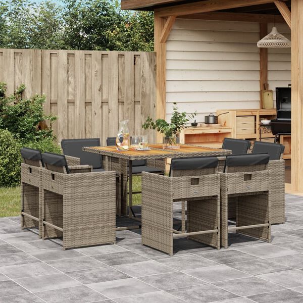 vidaXL Set da Pranzo da Giardino 9 pz con Cuscini in Polyrattan Grigio