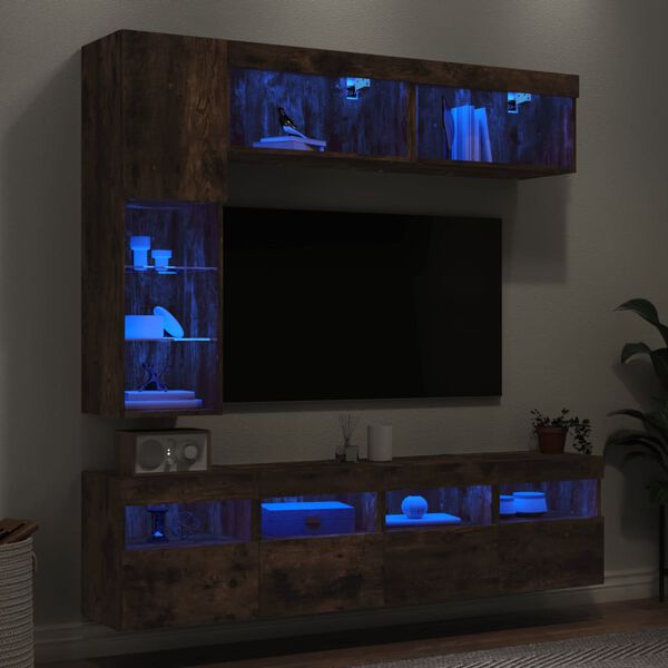 vidaXL Set Mobili TV a Muro 7 pz con Luci LED Rovere Fumo