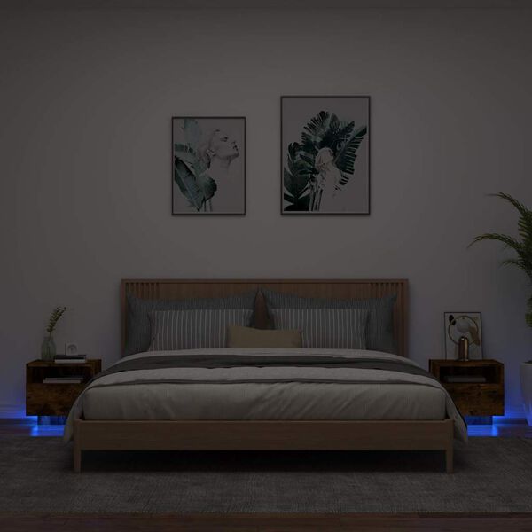 vidaXL Comodini con Luci LED 2pz Rovere Fumo 40x39x37 cm