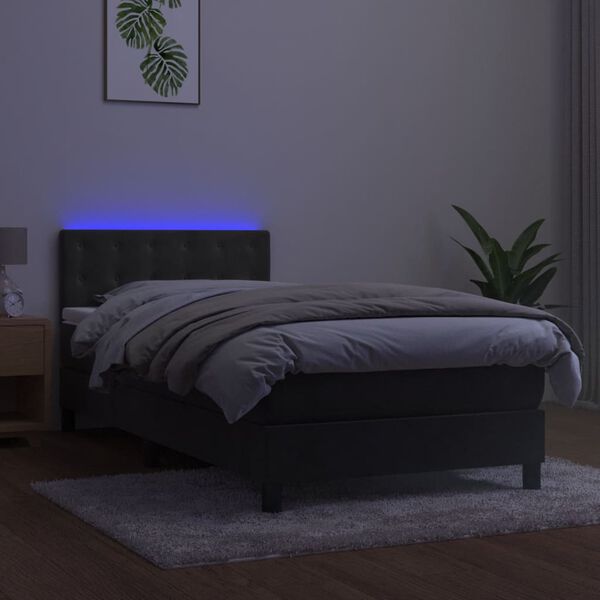 vidaXL Letto a Molle con Materasso e LED Grigio Scuro 90x200cm Velluto