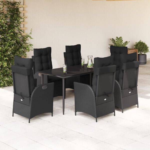vidaXL Set da Pranzo da Giardino 7 pz Nero con Cuscini in Polyrattan