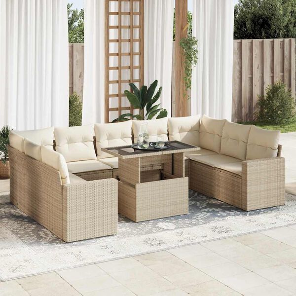vidaXL Set Divano da Giardino 10 pz con Cuscini Beige in Polyrattan