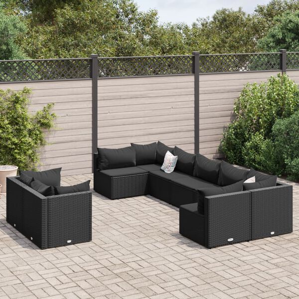 vidaXL Set Divani da Giardino 9 pz con Cuscini Nero in Polyrattan
