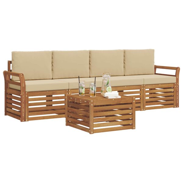 vidaXL Set divani 5 pcs Naturale e Beige Legno di Acacia Massello