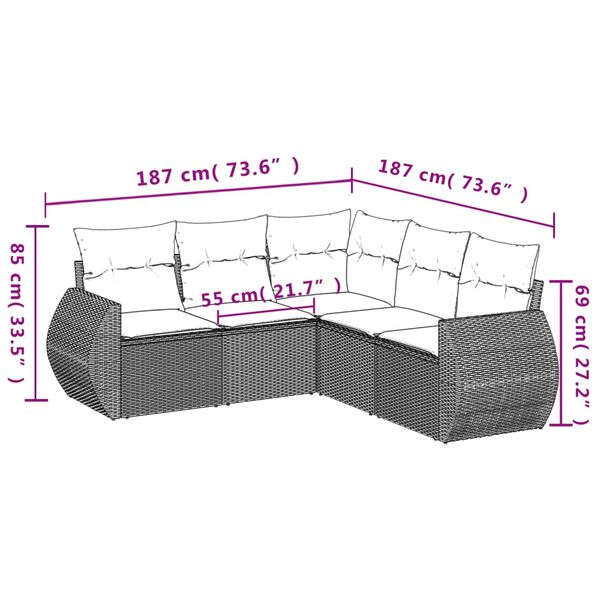 vidaXL Set Divani da Giardino 5 pz con Cuscini in Polyrattan Nero