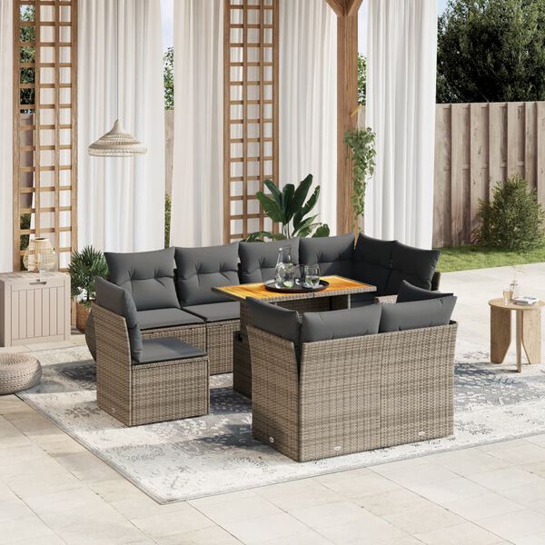 vidaXL Set Divano da Giardino 9 pz con Cuscini Grigio in Polyrattan
