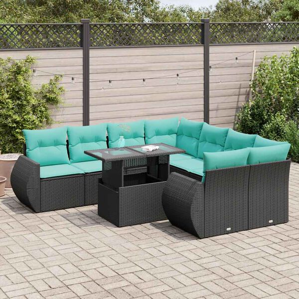 vidaXL Set Divani da Giardino 9 pz con Cuscini Nero Polyrattan Acacia
